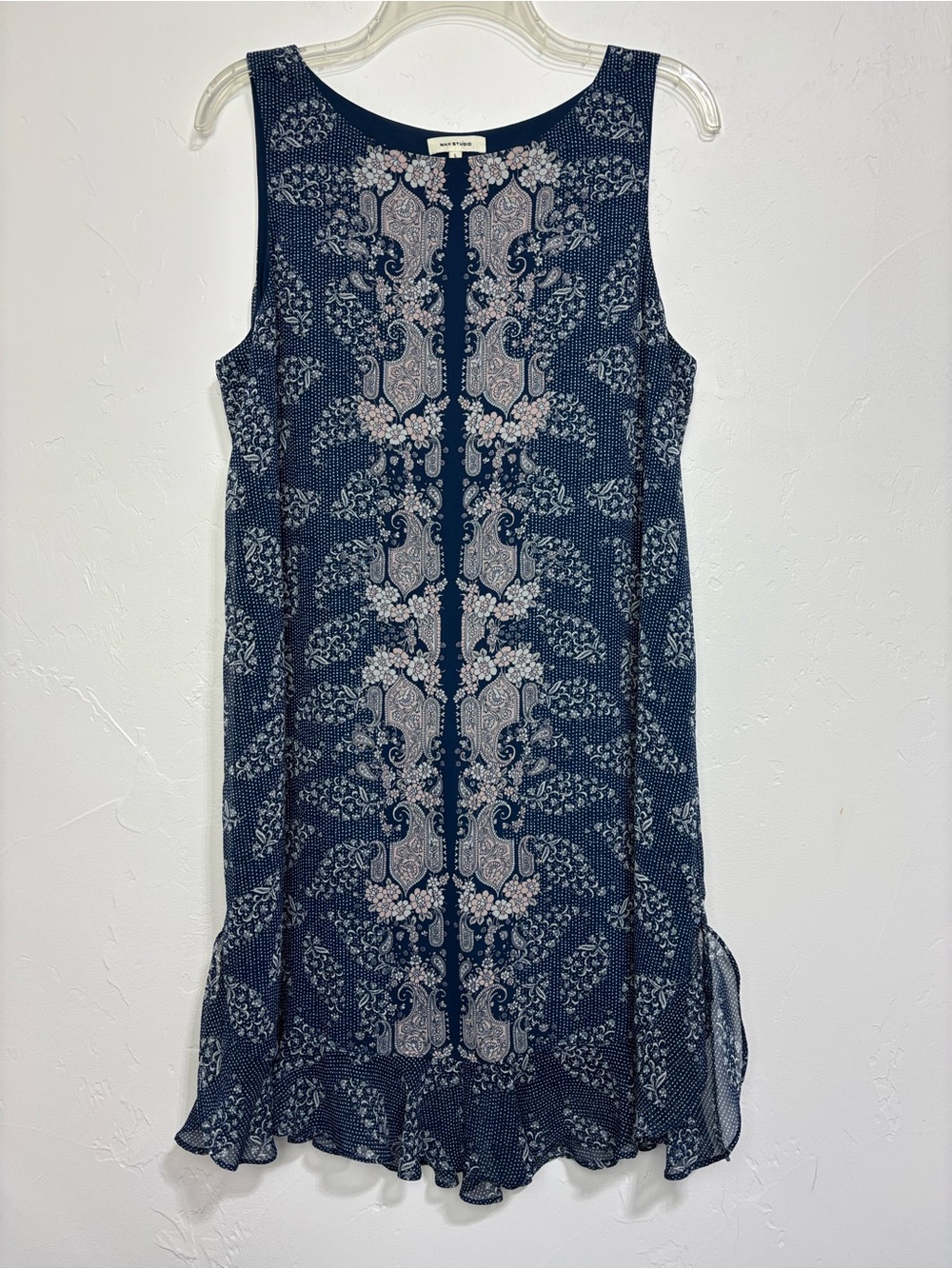 Max Studio Women's Large Sleeveless Navy Paisley Print Shift Dress Ruffled